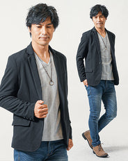 40代・50代の男性におすすめ3点メンズコーデセット 黒長袖テーラードジャケット×白長袖Tシャツ×ネイビースリムデニムパンツ