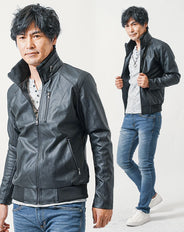 50代の男性におすすめ3点メンズコーデセット 黒長袖ライダースジャケット×黒長袖Tシャツ×ネイビースリムデニムパンツ