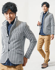 おすすめ3点メンズコーデセット 白長袖ジャケット×ネイビー長袖シャツ×ベージュスリムチノパンツ