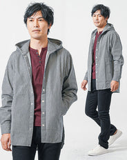 50代の男性におすすめ3点メンズコーデセット 黒長袖シャツパーカー×ワイン長袖Tシャツ×黒スリムチノパンツ