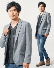 40代・50代の男性におすすめ3点メンズコーデセット グレー長袖テーラードジャケット×黒長袖Tシャツ×ネイビースリムデニムパンツ