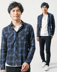 おすすめ3点メンズコーデセット ブルー長袖チェックシャツ×白長袖Tシャツ×黒スリムチノパンツ