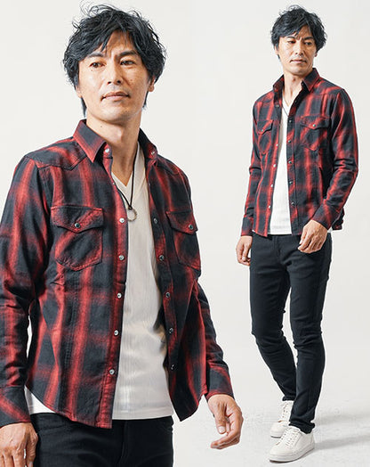 50代 マネキン買い メンズファッション 秋服 春服 男性 カジュアル 3点コーデセット レッド長袖チェックシャツ×白長袖Tシャツ×黒スリムチノパンツ 全身 デート 服装 コーディネート アメカジ