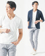 50代メンズ夏服3点コーデセット　ネイビー7分袖テーラードジャケット×白半袖Tシャツ×グレーアンクルチノパンツ