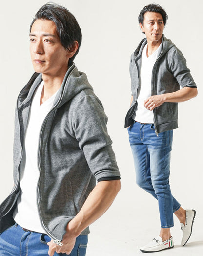 50代メンズ夏服3点コーデセット　グレー5分袖パーカー×白半袖Tシャツ×アンクルデニムパンツ