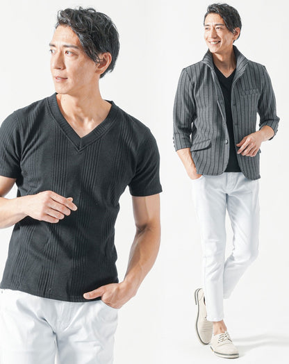 50代メンズ夏服3点コーデセット　グレー7分袖ジャケット×黒半袖Tシャツ×白アンクルチノパンツ