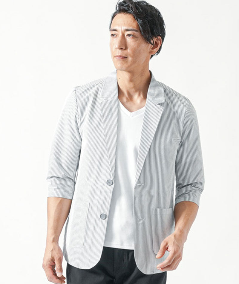 50代メンズ夏服3点コーデセット　ストライプ7分袖テーラードジャケット×白半袖Tシャツ×黒アンクルチノパンツ