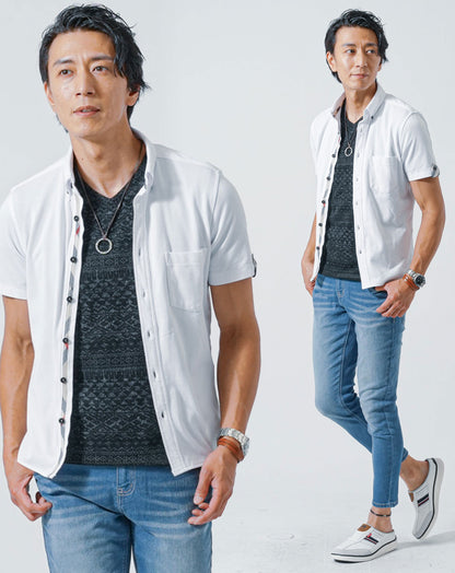 50代メンズ夏服3点全身コーデセット　白半袖シャツ×黒半袖Tシャツ×ブルーアンクルデニムパンツ