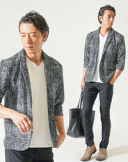 50代メンズ夏服全身3点コーデセット　黒7分袖テーラードジャケット×白半袖Tシャツ×黒スリムチノパンツ