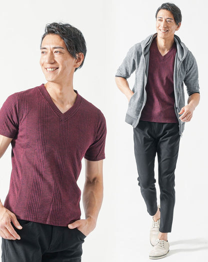 50代メンズ夏服全身3点コーデセット　グレー5分袖パーカー×ワイン半袖Tシャツ×黒アンクルチノパンツ