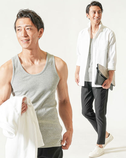 50代メンズ夏服全身3点コーデセット　白7分袖シャツ×グレータンクトップ×黒アンクルチノパンツ