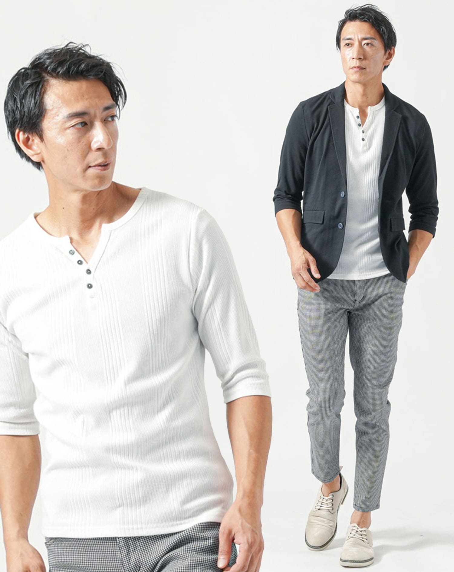 50代メンズ夏服3点コーデセット　黒7分袖テーラードジャケット×白7分袖ヘンリーネックTシャツ×千鳥アンクルチノパンツ