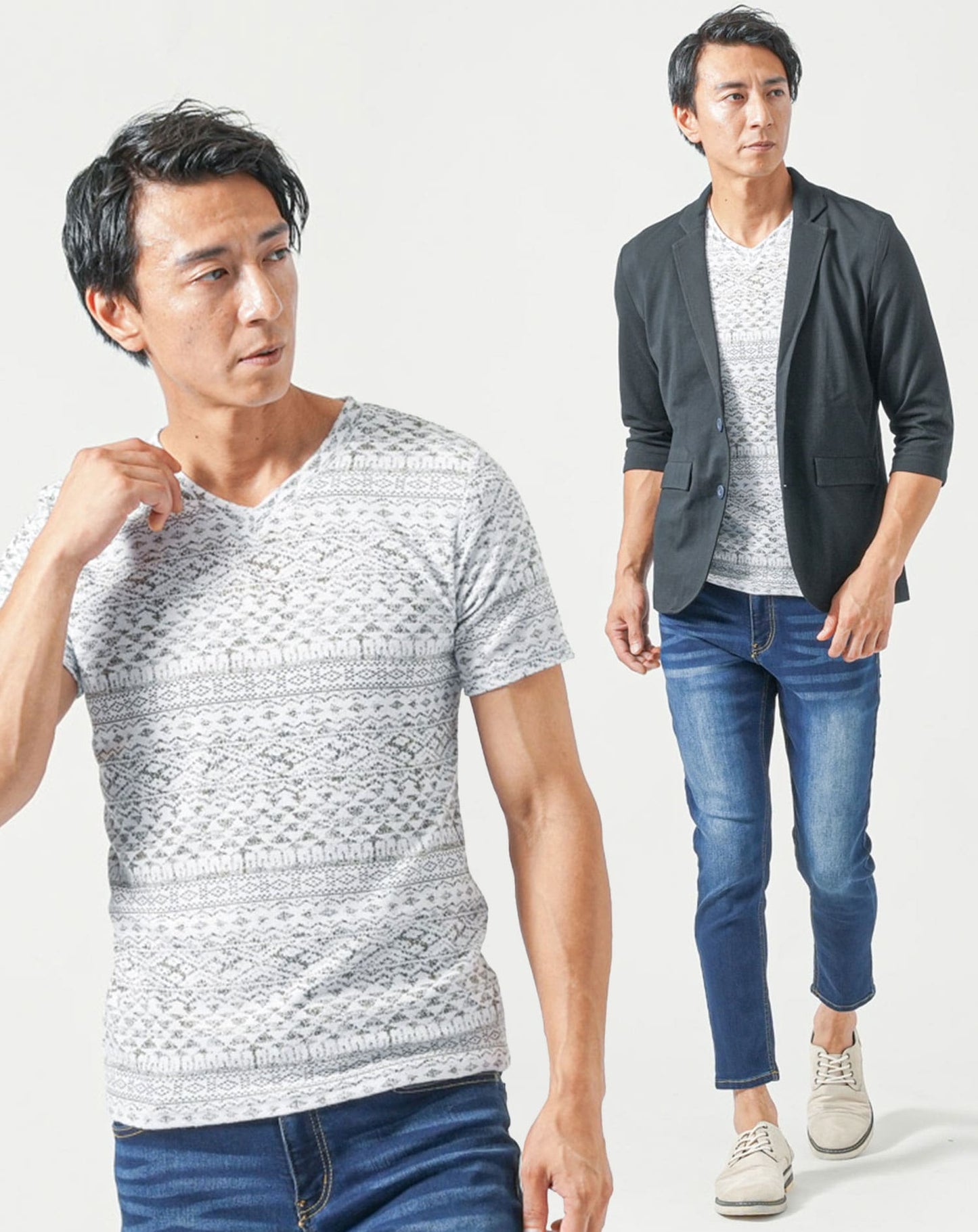 50代メンズ夏服3点コーデセット　黒7分袖テーラードジャケット×白半袖Tシャツ×ブルーアンクルデニムパンツ