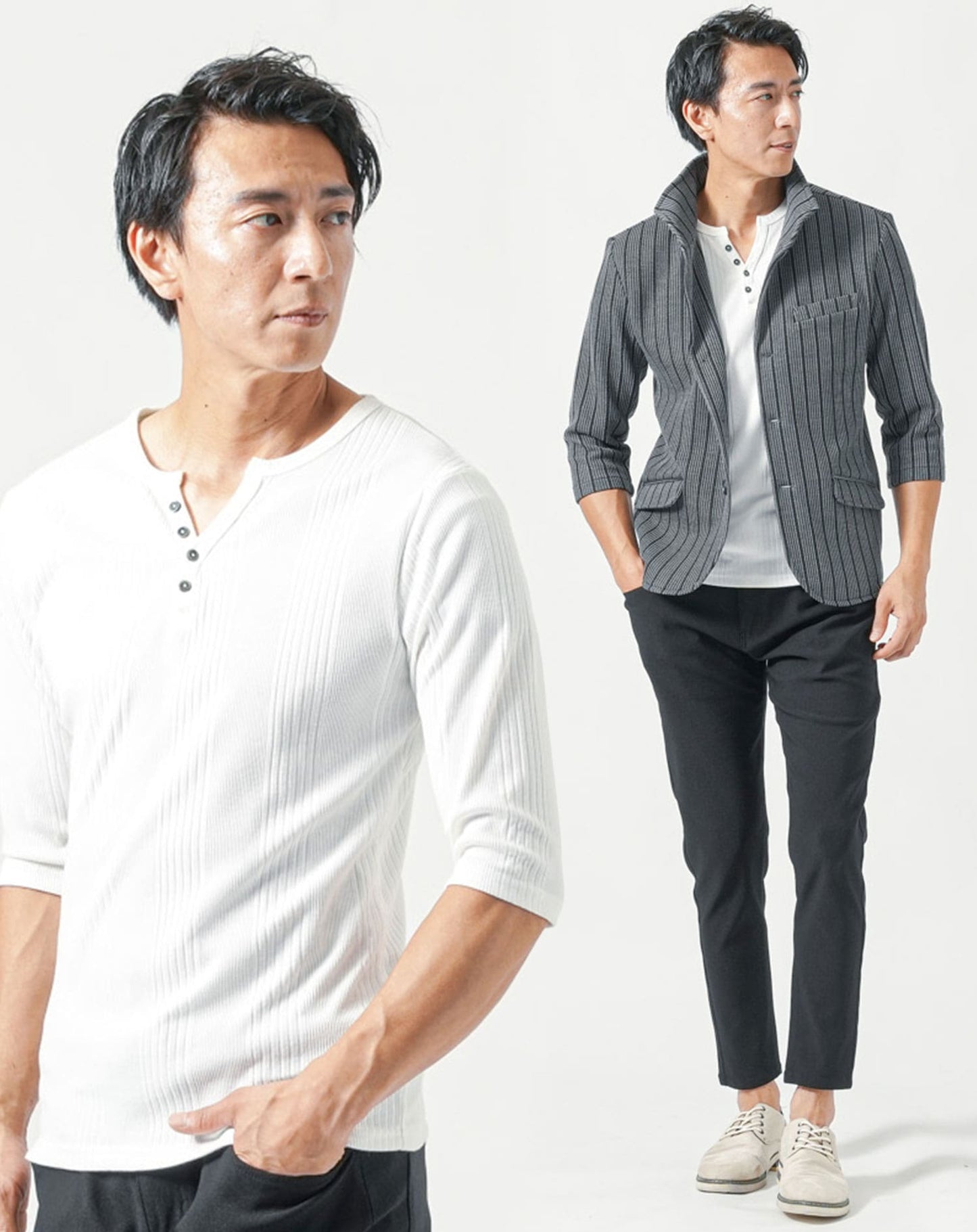 50代メンズ夏服3点コーデセット　グレー7分袖ジャケット×白7分袖Tシャツ×黒アンクルチノパンツ