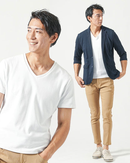 50代メンズ夏服3点コーデセット　ネイビー7分袖テーラードジャケット×白半袖Tシャツ×ベージュアンクルチノパンツ