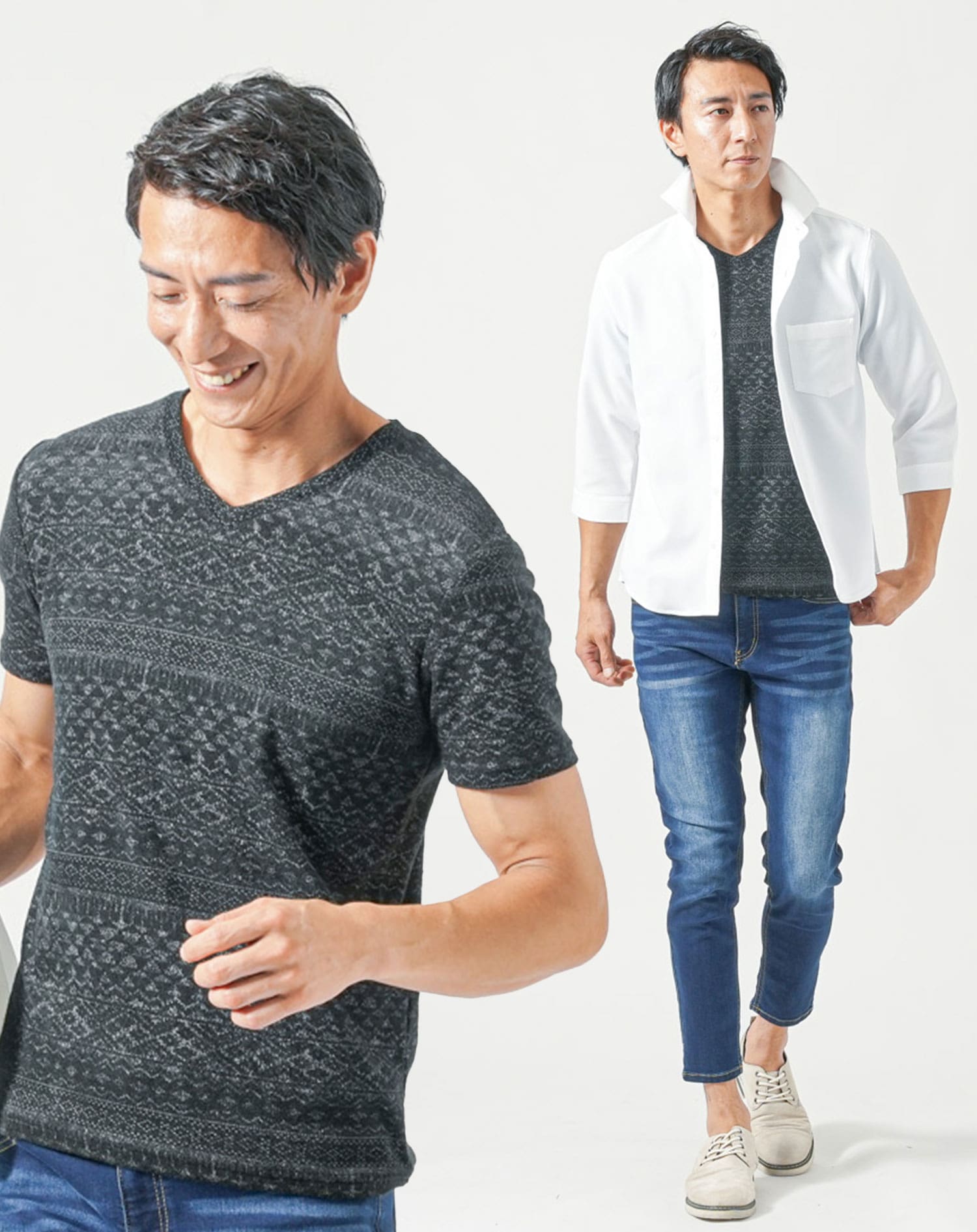 50代メンズ夏服3点コーデセット　白7分袖シャツ×黒半袖Tシャツ×ブルーアンクルデニムパンツ 50代 マネキン買い 夏服 接触冷感 冷感 涼しい 上着 カットソー ジーパン ジーンズ スリム 細身 全身 男性 デート 服装 コーディネート アウター インナー ズボン ボトムス ちょいワル　イケオジ おじさん シニア 大きいサイズ