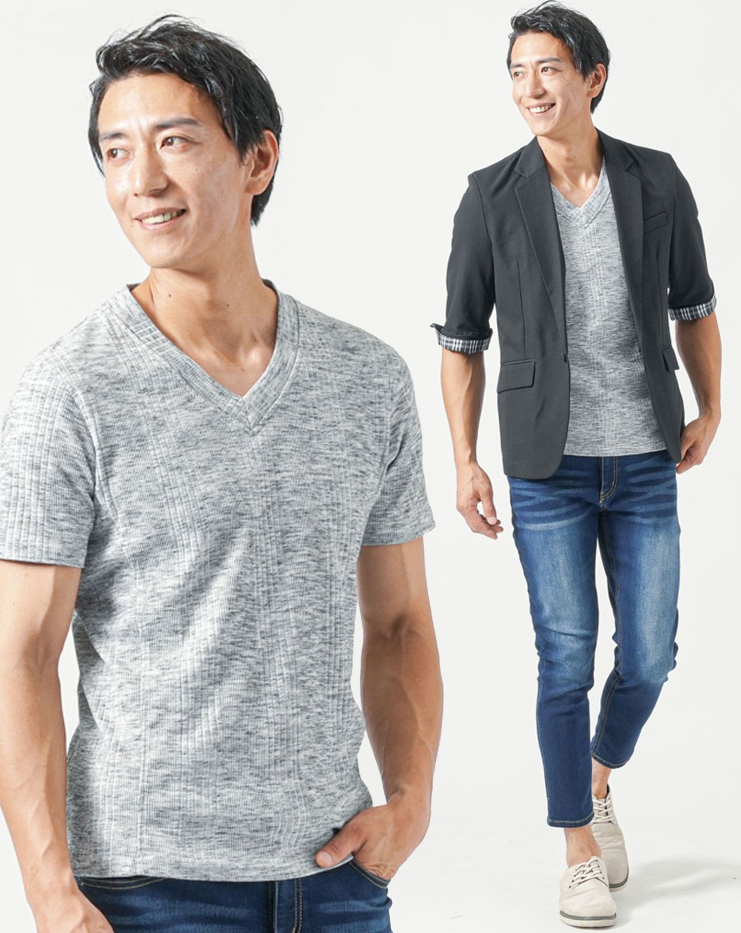 50代メンズ夏服3点コーデセット　黒5分袖テーラードジャケット×杢黒半袖Tシャツ×ブルーアンクルデニムパンツ 50代 マネキン買い 夏服 重ね着 冷感 涼しい サマージャケット 上着 カットソー デニム ジーンズ 細身 全身 男性 デート 服装 コーディネート アウター インナー ズボン ボトムス ちょいワル イケオジ シニア おじさん