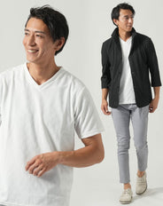 50代メンズ夏服3点コーデセット　黒7分袖スタンドカラージャケット×白半袖Tシャツ×グレーアンクルチノパンツ