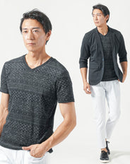 50代メンズ夏服3点コーデセット　黒7分袖テーラードジャケット×黒半袖Tシャツ×白アンクルチノパンツ