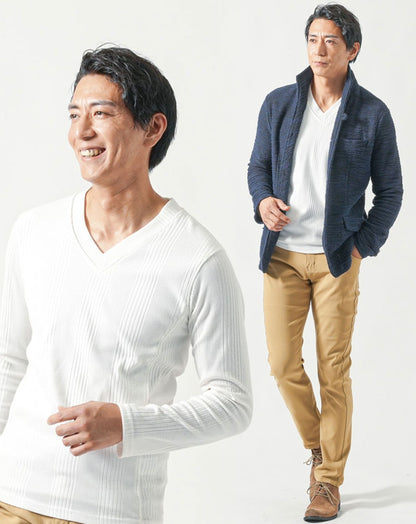 50代メンズ全身3点コーデセット　ネイビー長袖ジャケット×白長袖Tシャツ×ベージュストレッチチノパンツ 秋服 春服 マネキン買い 上着 カットソー チノパン スリム 細身 全身 男性 デート 服装 コーディネート アウター インナー ズボン ボトムス ちょいワル イケオジ ちょい悪オヤジ 秋 春