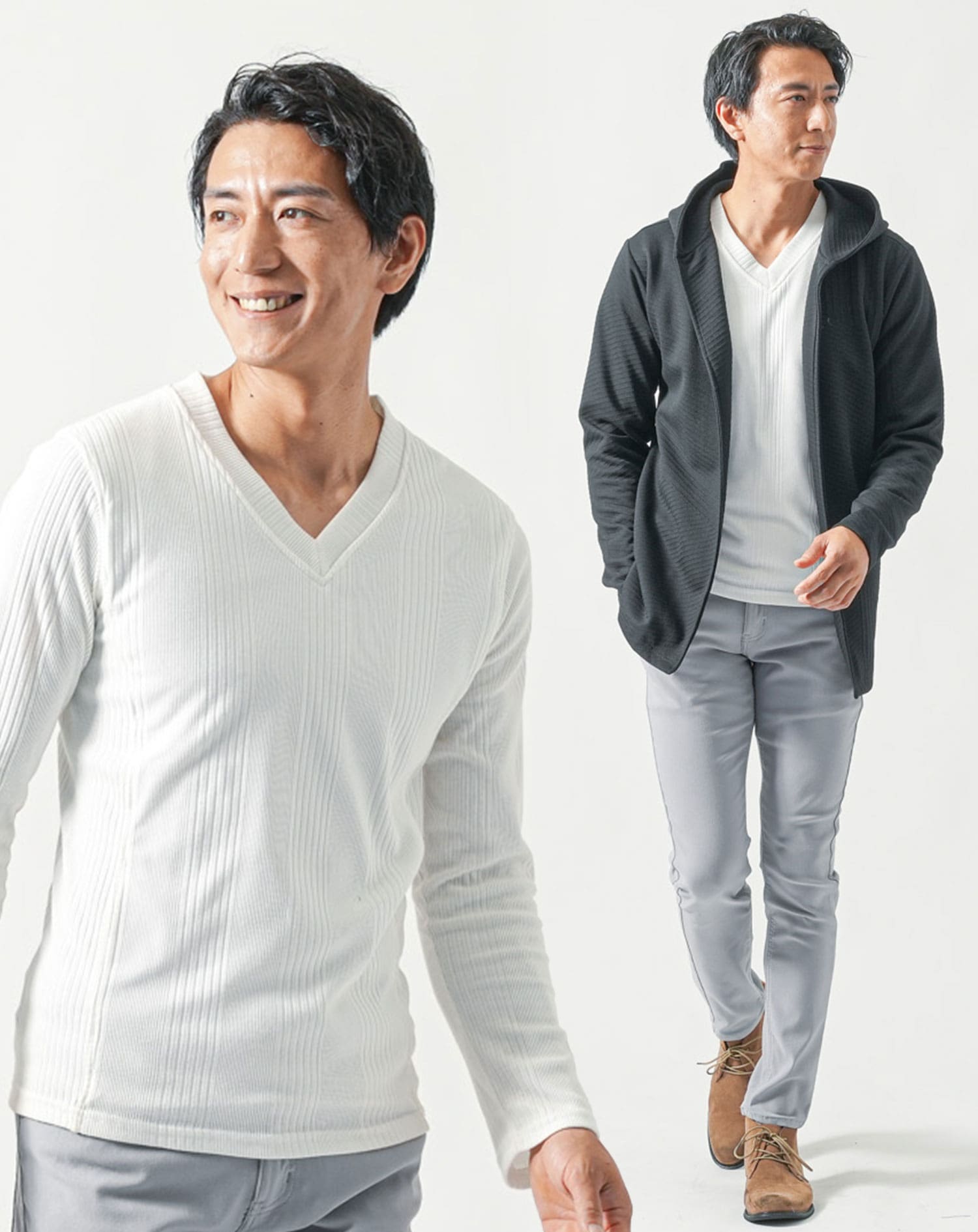 50代メンズ全身3点コーデセット 黒長袖パーカー×白長袖Tシャツ×グレー