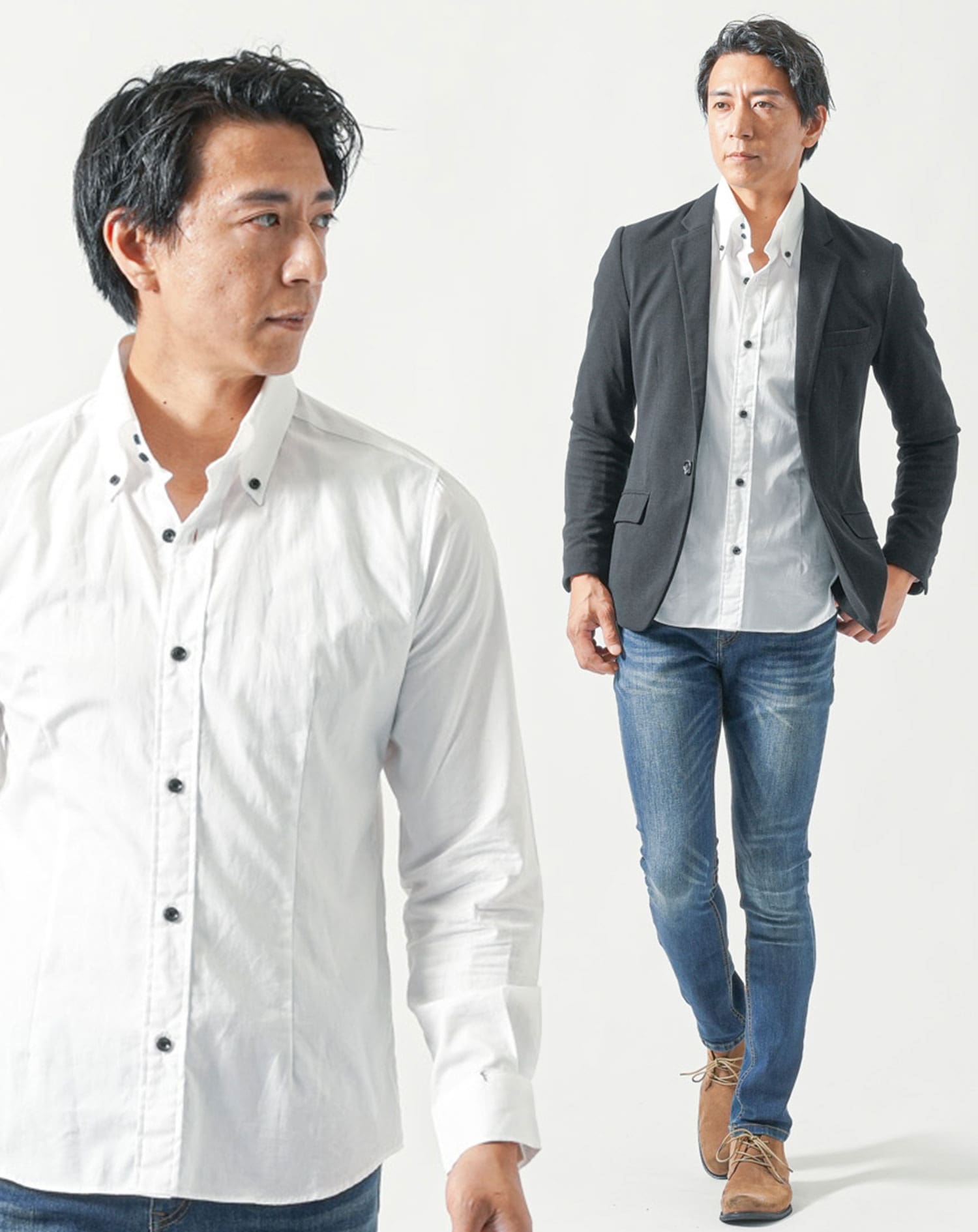 50代メンズ全身3点コーデセット 黒長袖テーラードジャケット×白長袖T