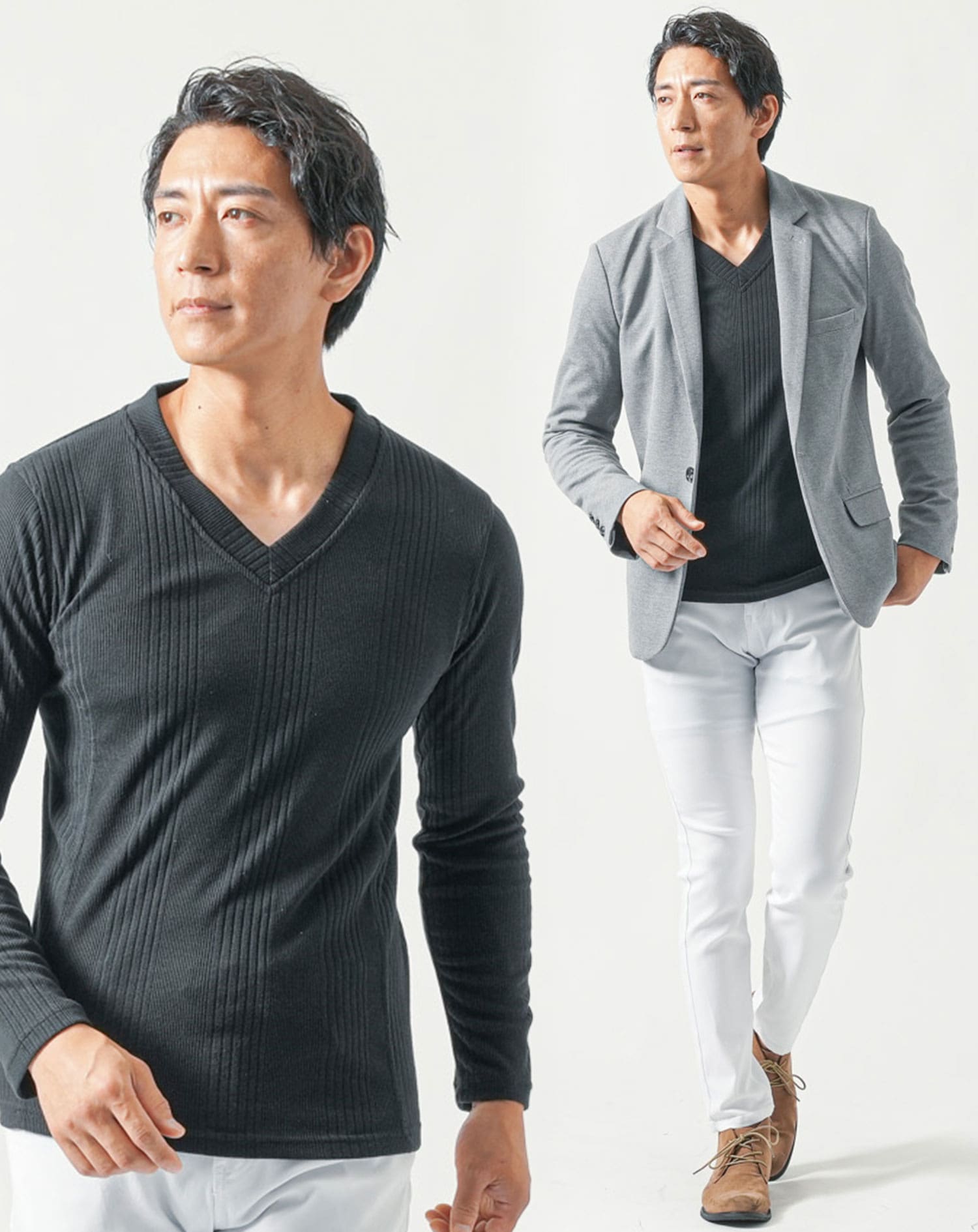 50代メンズ全身3点コーデセット　グレー長袖テーラードジャケット×黒長袖Tシャツ×白ストレッチチノパンツ