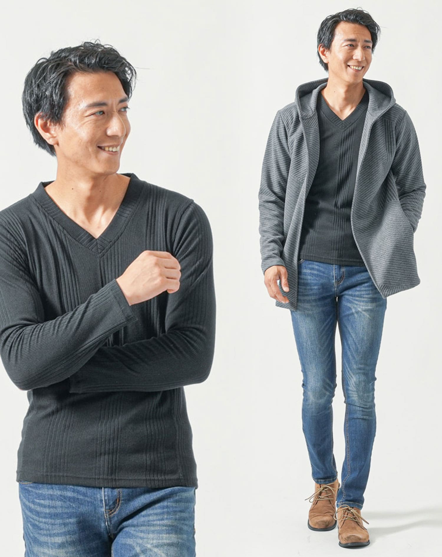 50代 メンズ 秋 コーデ 全身3点コーデセット ロングパーカー