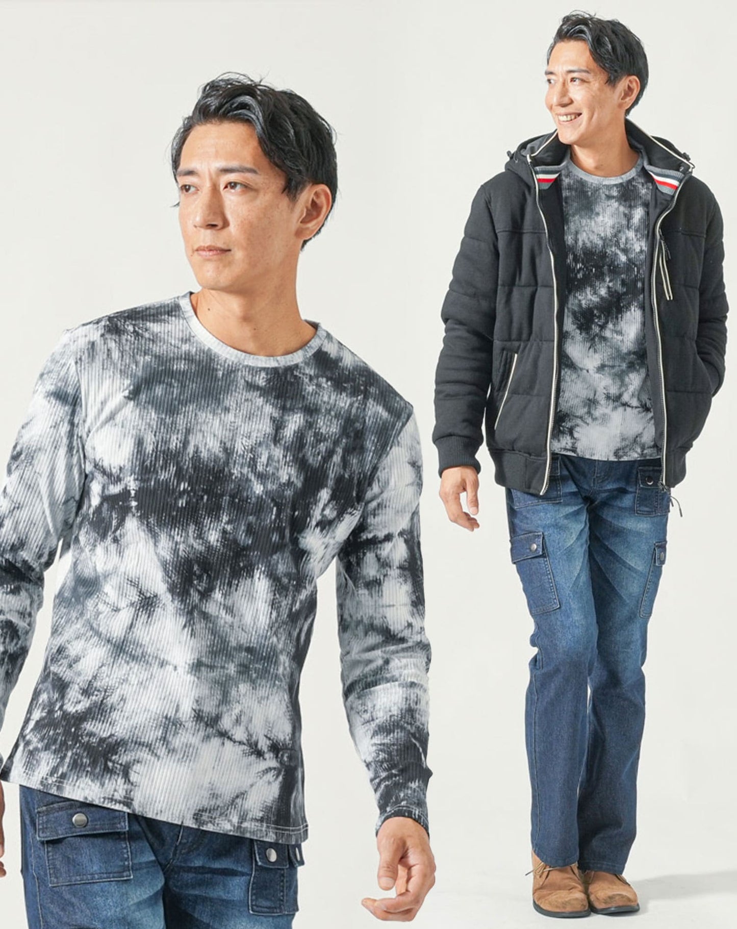 50代メンズ冬服全身3点コーデセット　黒中綿ダウンジャケット×白長袖Tシャツ×インディゴカーゴデニムパンツ