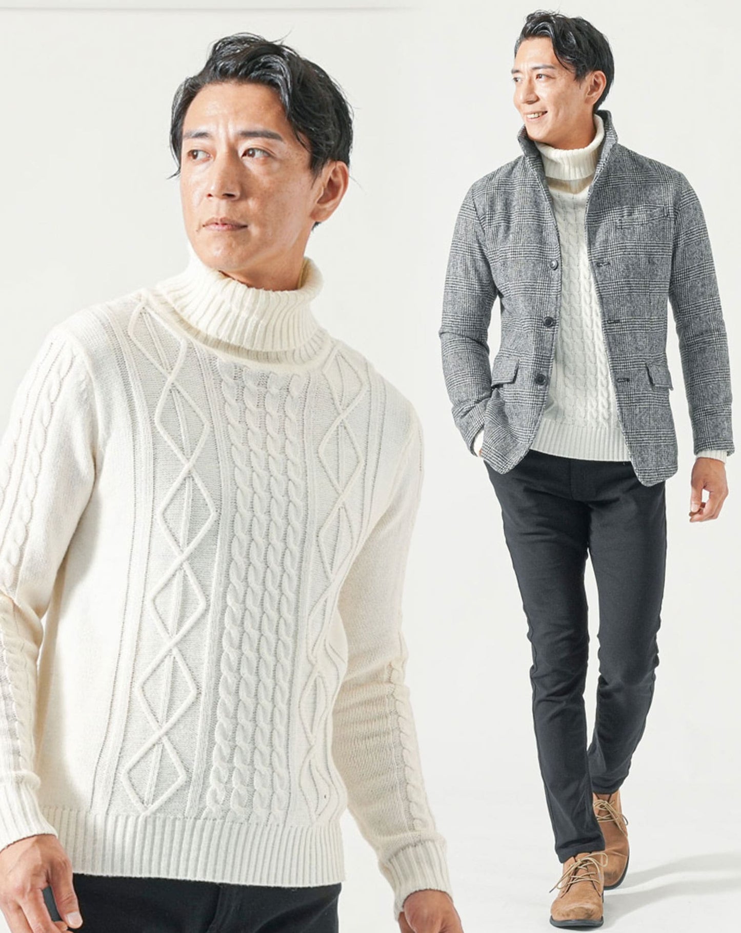 50代メンズ冬服全身3点コーデセット　グレンチェック長袖ジャケット×白タートルネックニット×黒ストレッチチノパンツ