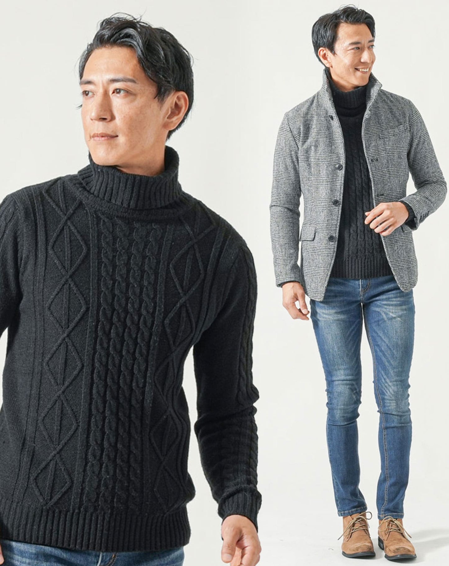 50代メンズ冬服3点コーデセット　グレンチェック長袖ジャケット×黒タートルネックニット×ネイビーデニムパンツ