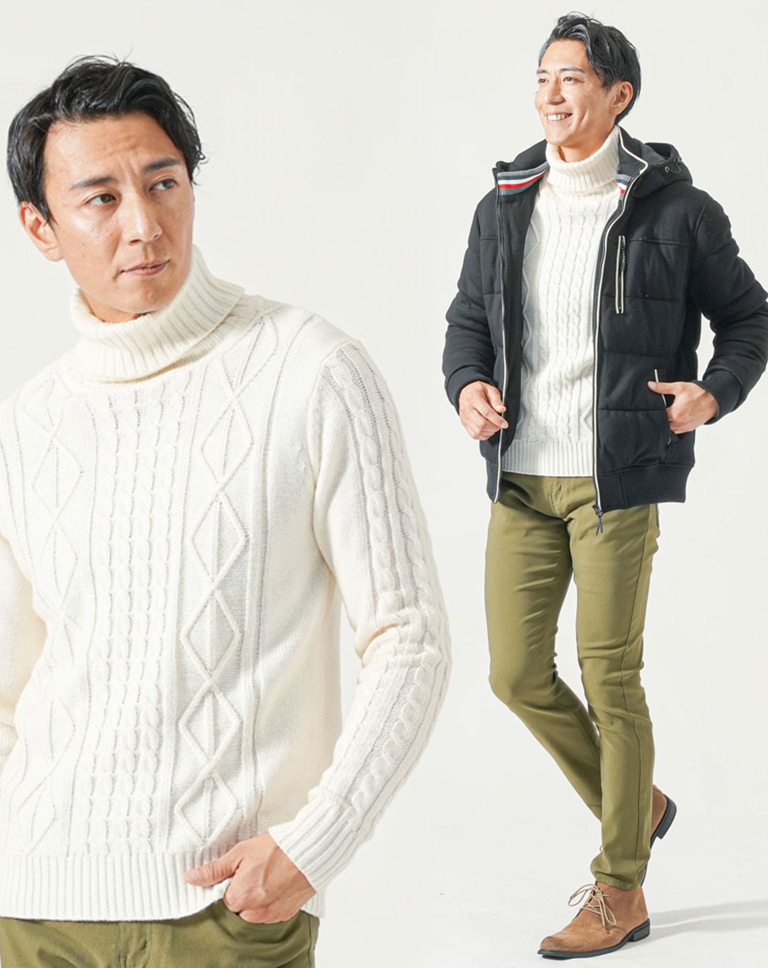 50代メンズ冬服3点コーデセット 黒中綿ダウンジャケット×白