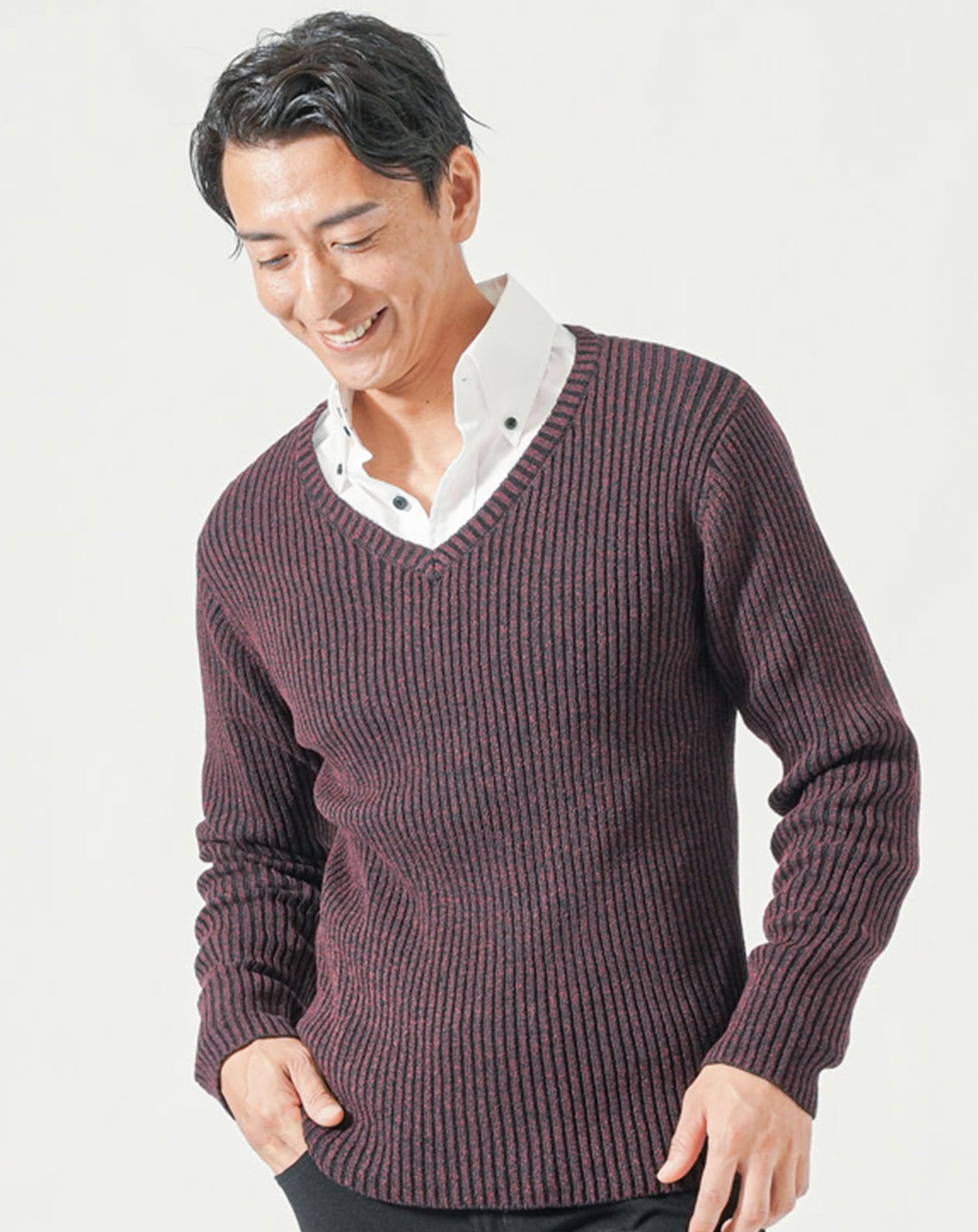 50代メンズ冬服4点コーデセット　グレンチェックロングコート×ワイン長袖ニットTシャツ×白長袖シャツ×黒チノパンツ