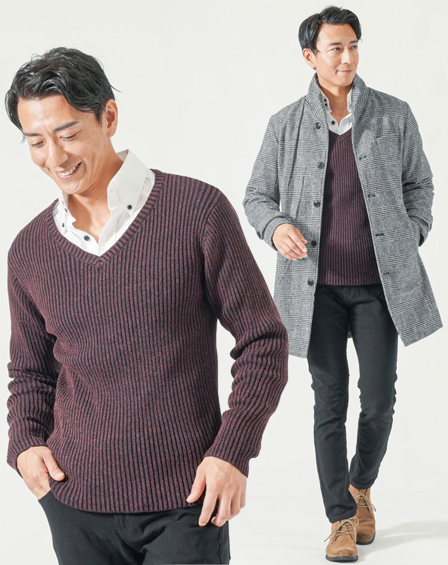 50代メンズ冬服4点コーデセット グレンチェックロングコート×ワイン