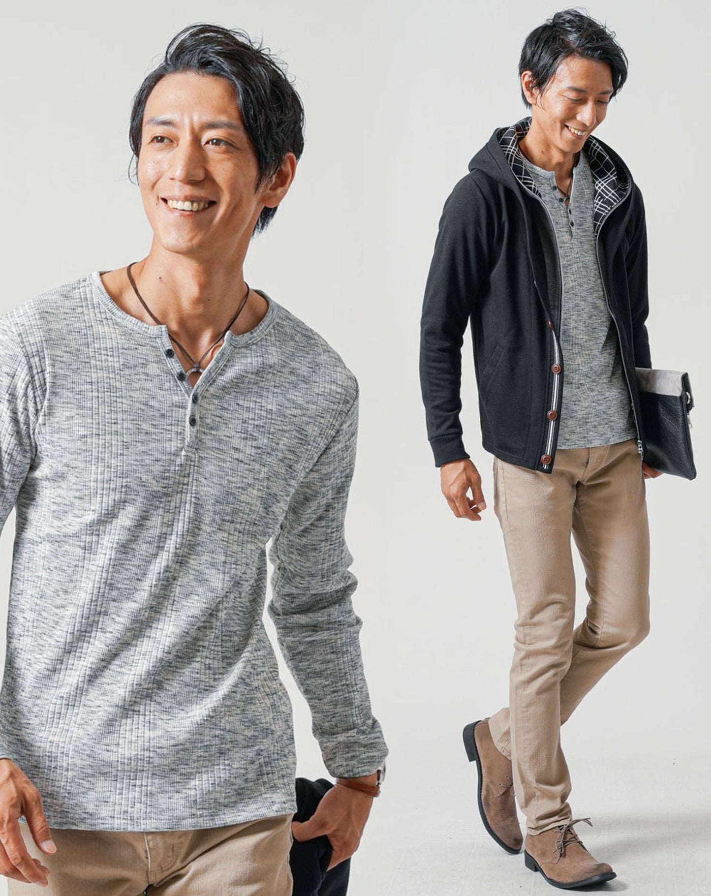 50代メンズ全身3点コーデセット　黒長袖パーカー×黒長袖ヘンリーネックTシャツ×ベージュストレッチチノパンツ