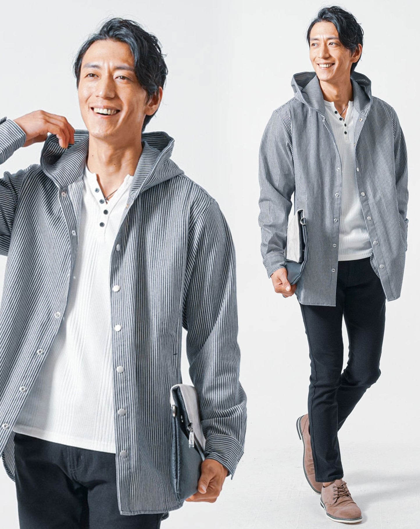 50代メンズ全身3点コーデセット　ネイビー長袖シャツパーカー×白長袖ヘンリーネックTシャツ×黒ストレッチチノパンツ