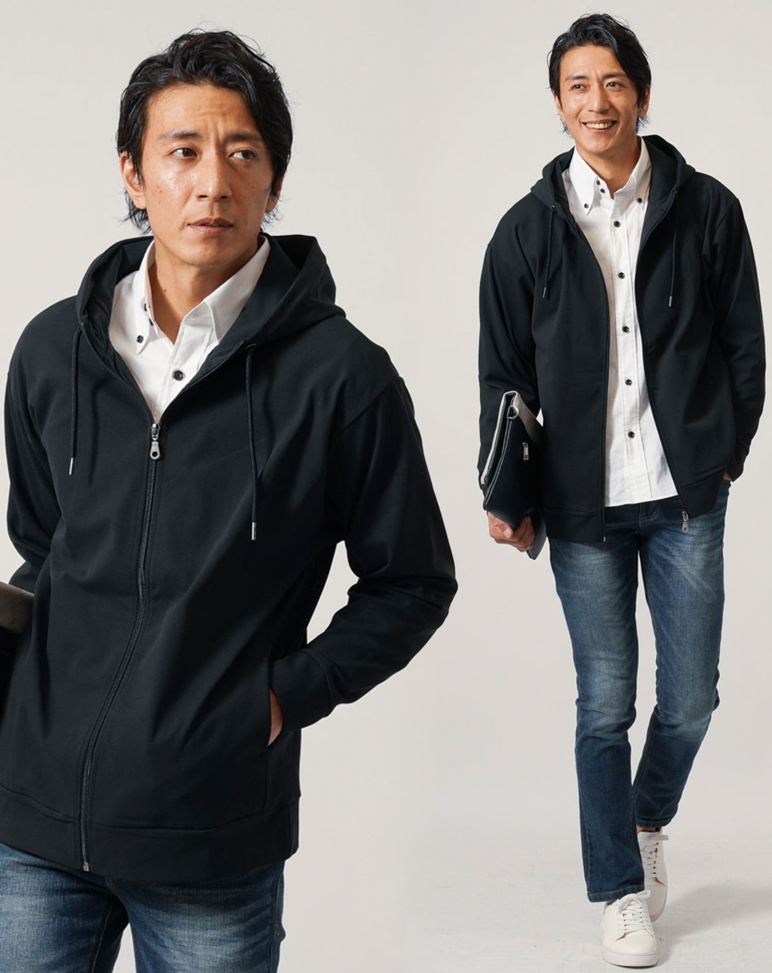 50代メンズ冬服3点コーデセット　黒長袖パーカー×白長袖シャツ×ネイビーデニムパンツ 春服 秋冬 50代 マネキン買い カジュアル 上着 フーディ デニム ジーンズ ジーパン スリム 細身 全身 男性 デート 服装 コーディネート アウター インナー ズボン ボトムス ちょいワル イケオジ 春 秋