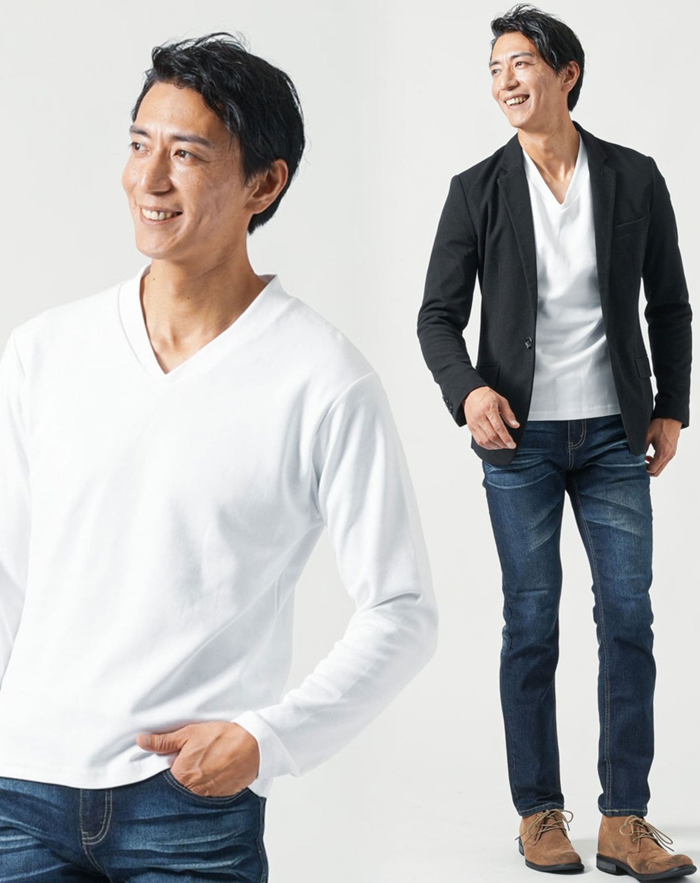 50代メンズ全身3点コーデセット　黒長袖テーラードジャケット×白長袖Tシャツ×ネイビーデニムパンツ