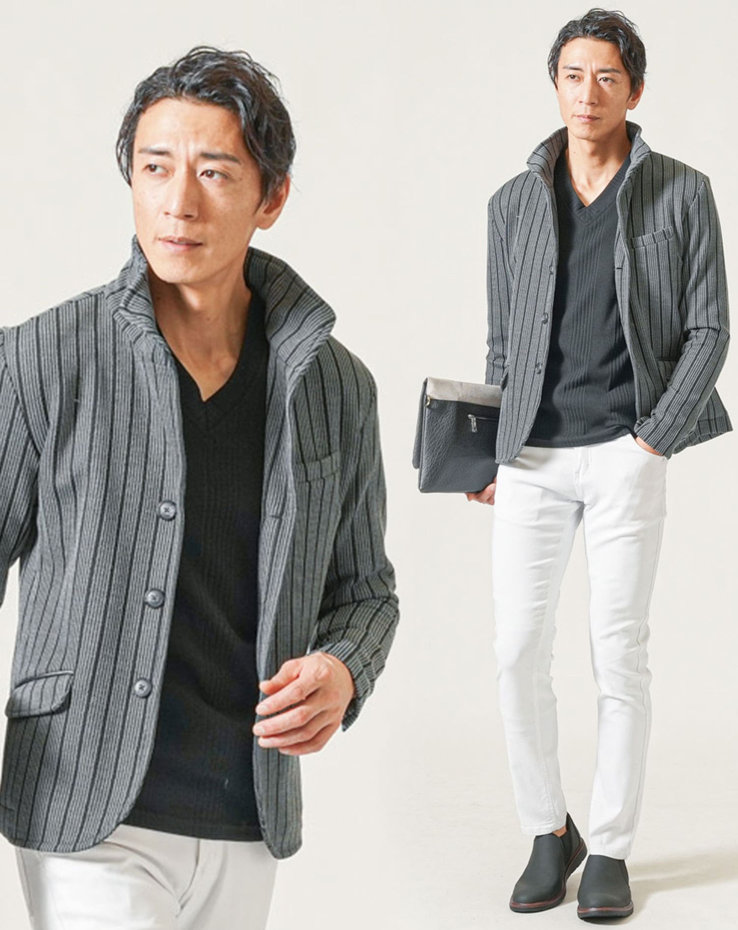 50代メンズ全身3点コーデセット グレー長袖ジャケット×黒長袖Tシャツ