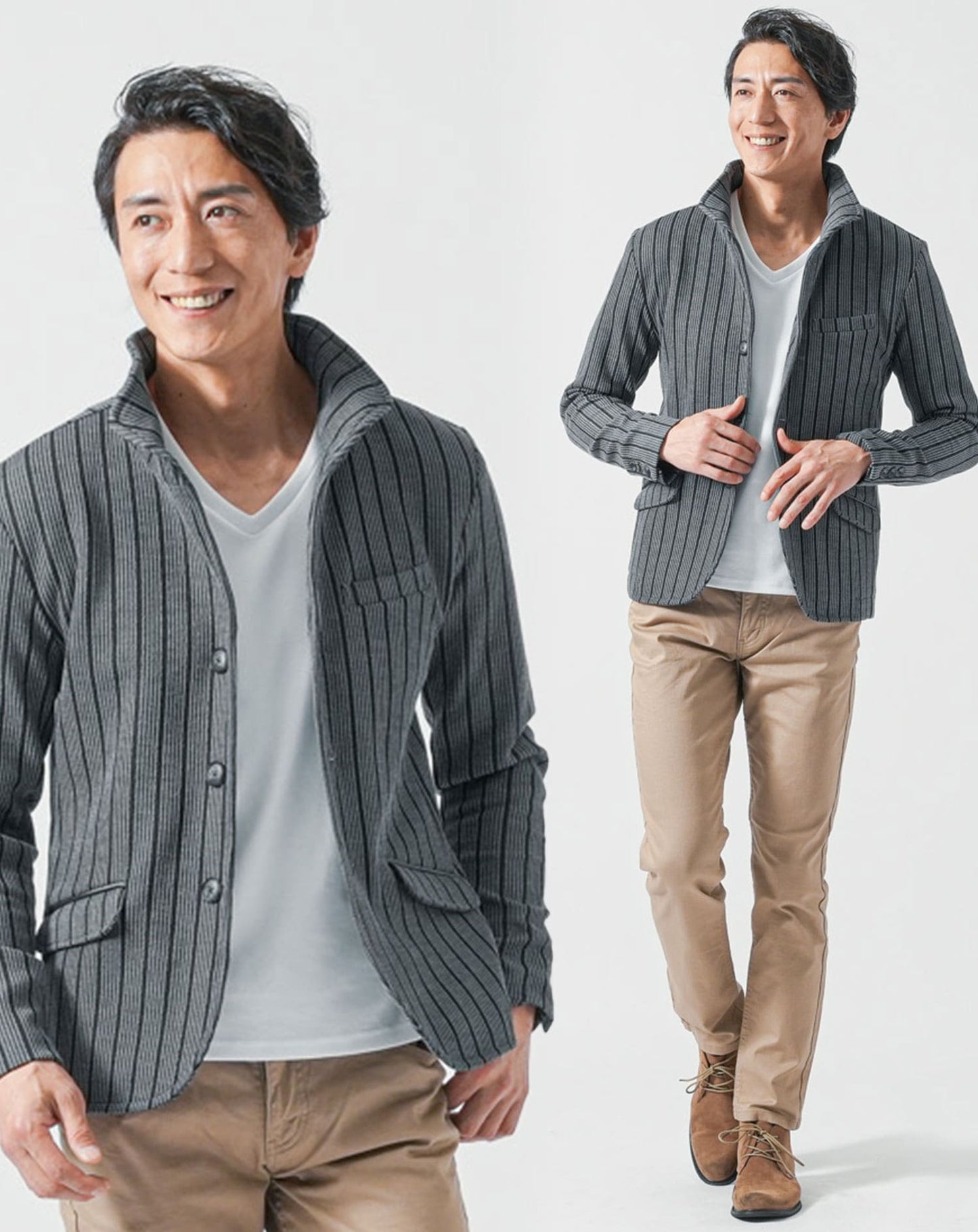 50代メンズ全身3点コーデセット　グレー長袖ジャケット×白長袖Tシャツ×ベージュストレッチチノパンツ