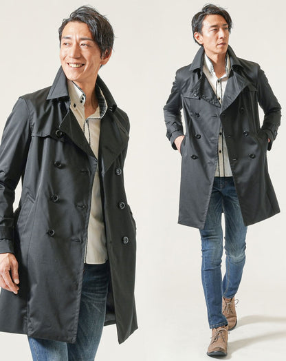 50代メンズ全身3点コーデセット　黒トレンチコート×白長袖シャツ×ネイビーデニムパンツ