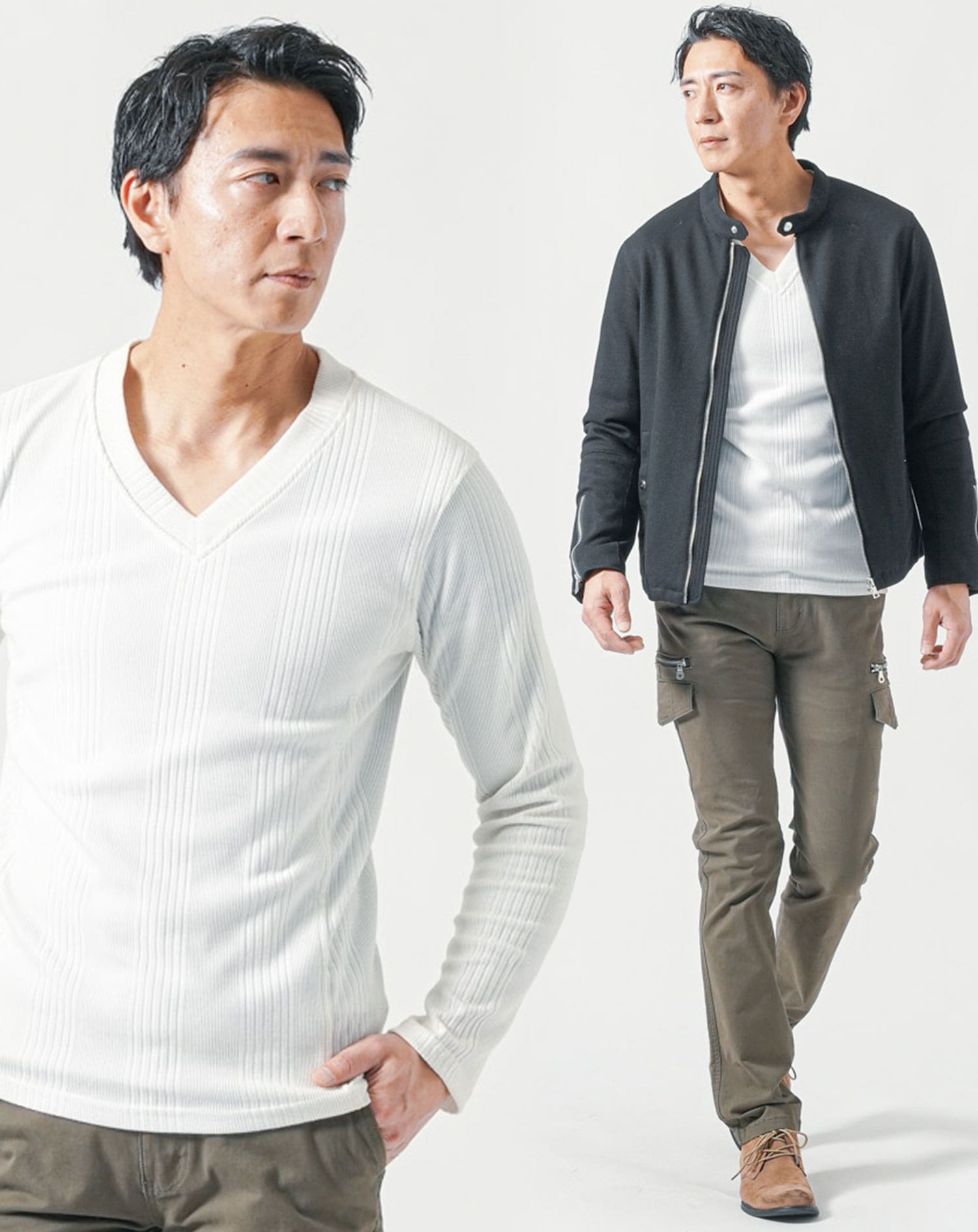 50代メンズ全身3点コーデセット 黒長袖ライダースジャケット×白長袖T
