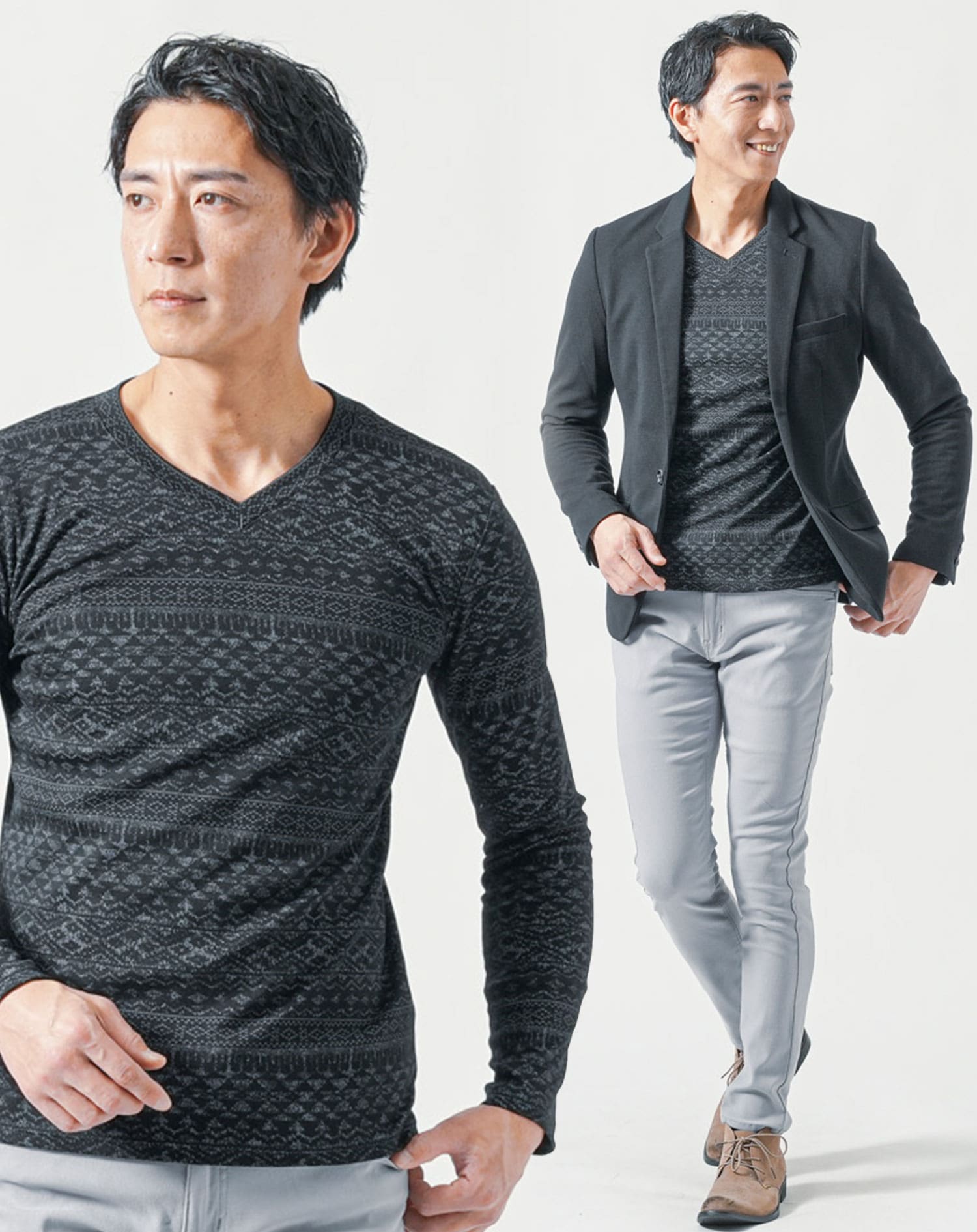 50代メンズ全身3点コーデセット　黒長袖テーラードジャケット×黒長袖Tシャツ×グレーストレッチチノパンツ 秋服 春服 マネキン買い 上着 カットソー チノパン スリム 細身 全身 男性 デート 服装 コーディネート アウター インナー ズボン ボトムス ちょいワル イケオジ ちょい悪オヤジ 秋 春 モノトーン