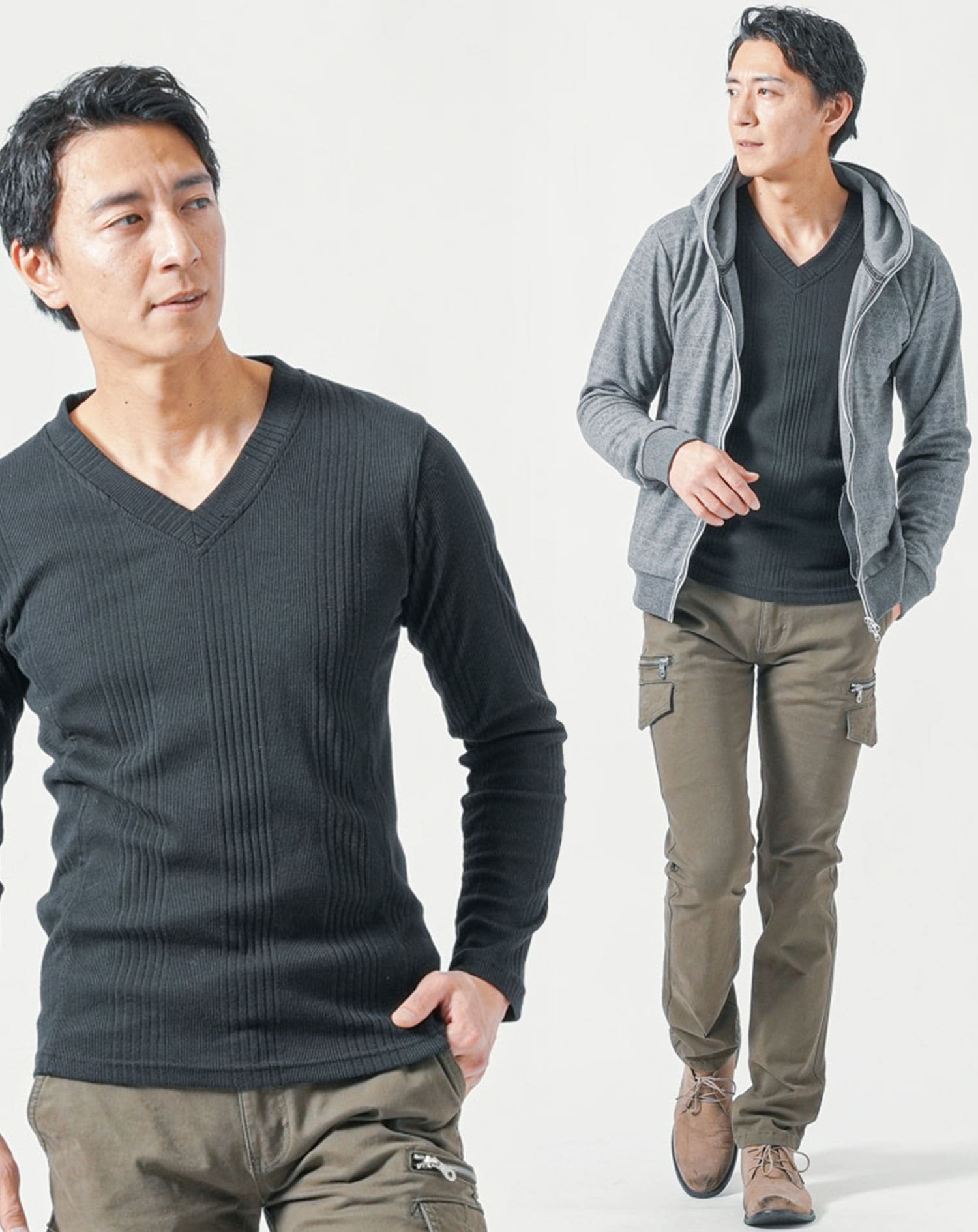 50代メンズ全身3点コーデセット　グレー長袖パーカー×黒長袖Tシャツ×カーキカーゴパンツ 秋服 春服 50代 マネキン買い 上着 カットソー　カジュアル チノパン スリム 細身 全身 男性 デート 服装 コーディネート アウター インナー ズボン ボトムス ちょいワル イケオジ ちょい悪オヤジ 秋 春 大きいサイズ