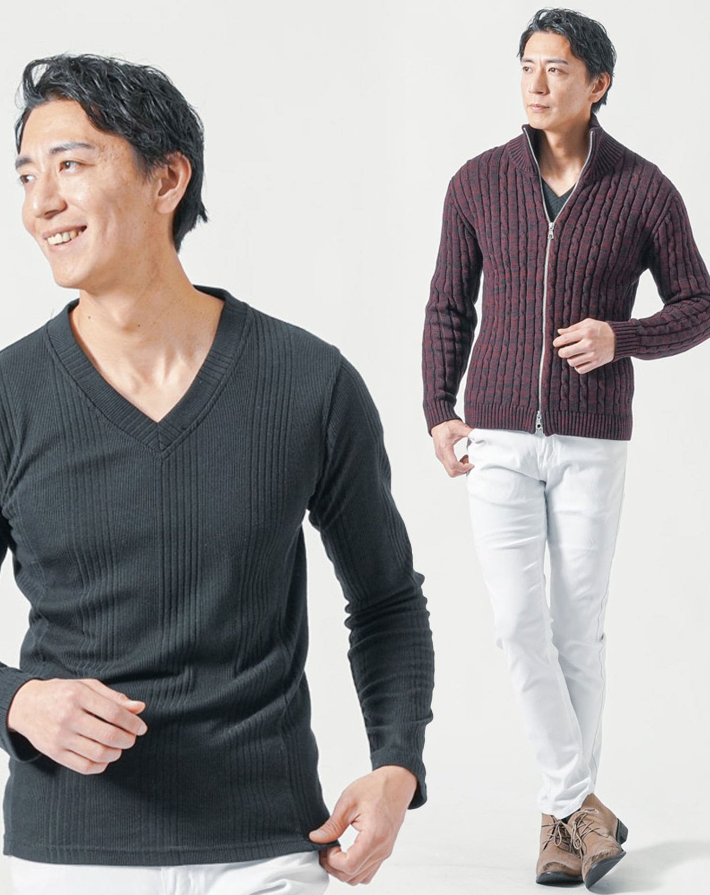 50代メンズ全身3点コーデセット　ワイン長袖ニットアウター×黒長袖Tシャツ×白ストレッチチノパンツ