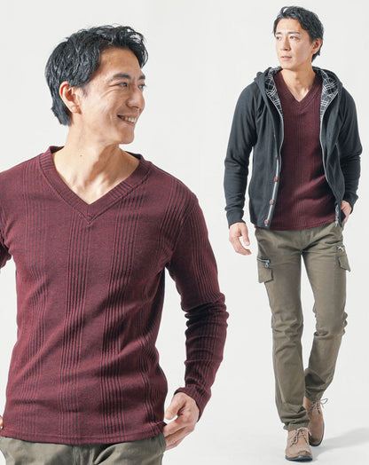 50代メンズ全身3点コーデセット　黒長袖パーカー×ワイン長袖Tシャツ×カーキカーゴパンツ