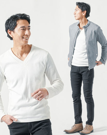 50代メンズ全身3点コーデセット　グレー長袖ライダースジャケット×白長袖Tシャツ×黒ストレッチチノパンツ