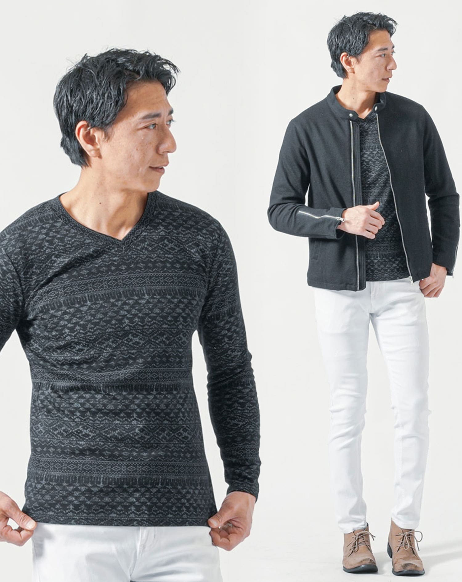 50代メンズ全身3点コーデセット 黒長袖ライダースジャケット×黒長袖T
