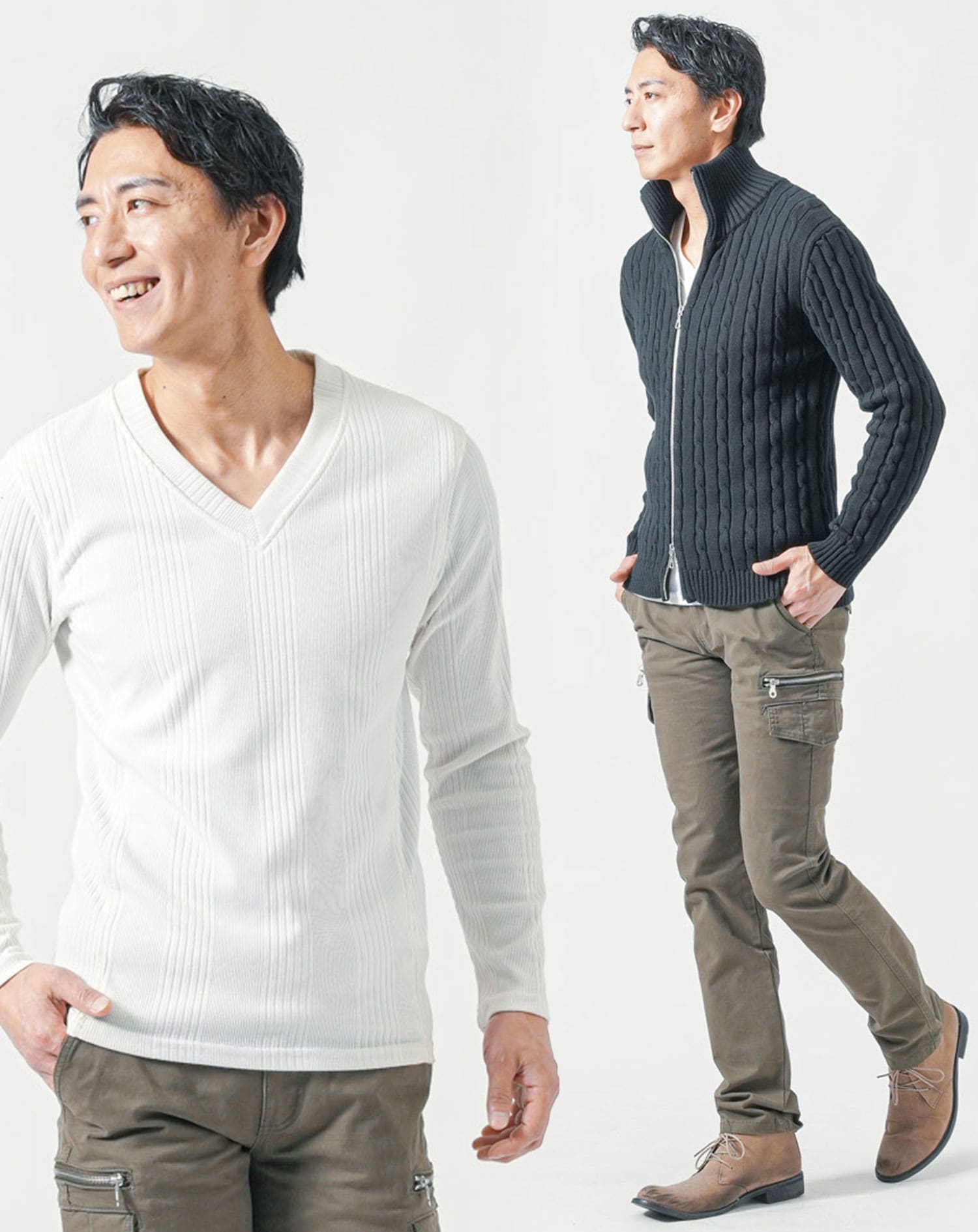 50代メンズ全身3点コーデセット 黒長袖ニットアウター×白長袖Tシャツ