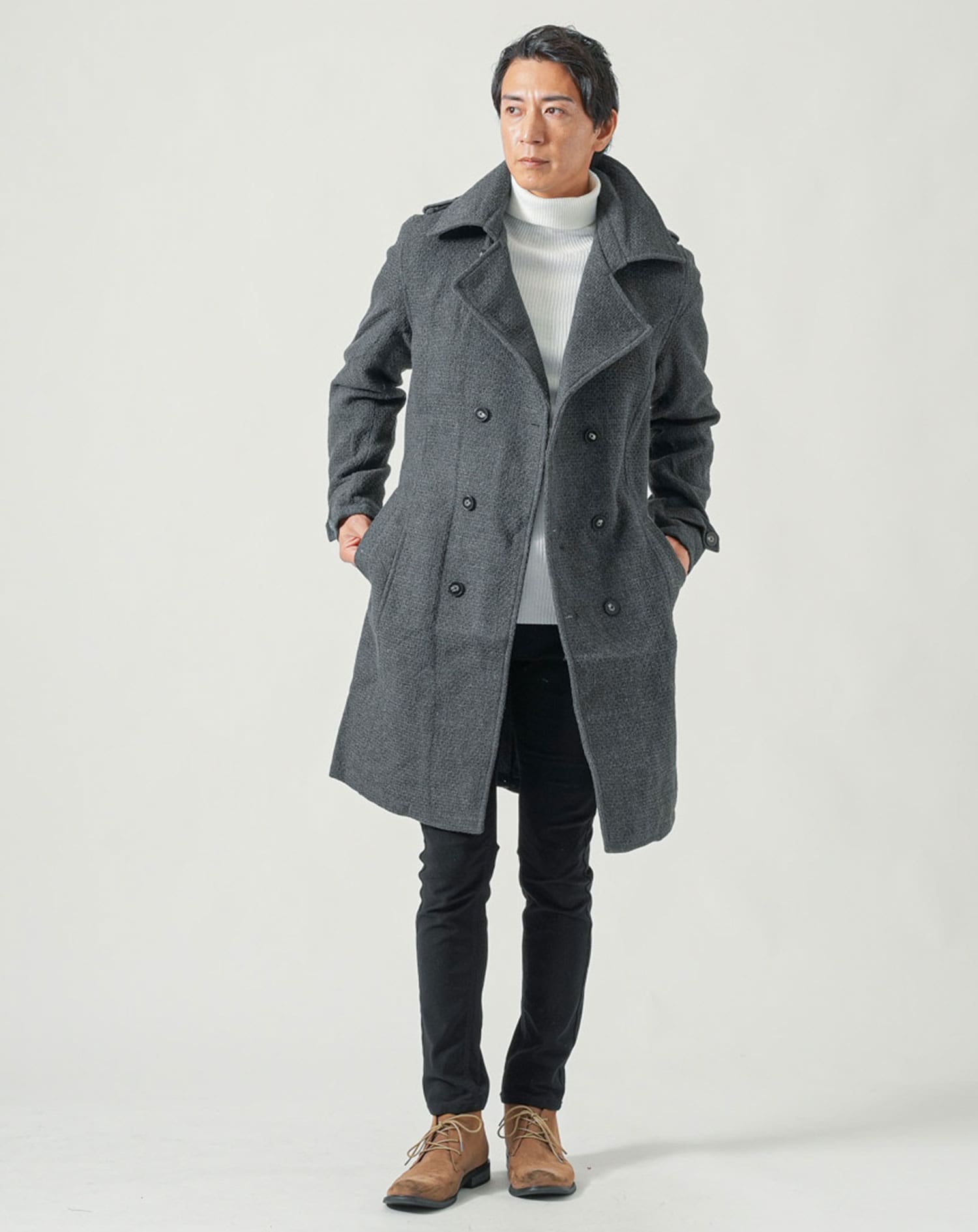 ウールゆったりコート ウールメルトン変わり織りトレンチロングコート コート アウター